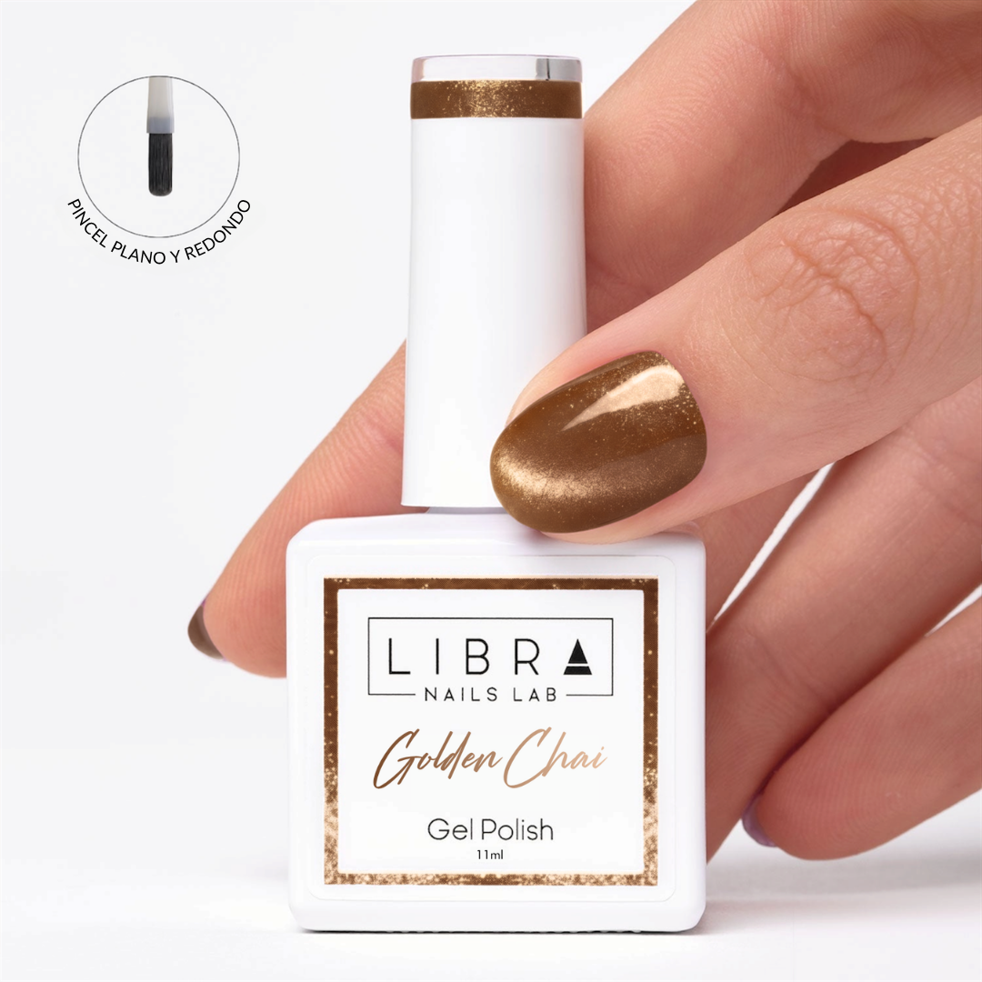 Esmalte semipermanente Cat Eye Golden Chai, marrón ámbar, sin HEMA – Libra Nails Lab