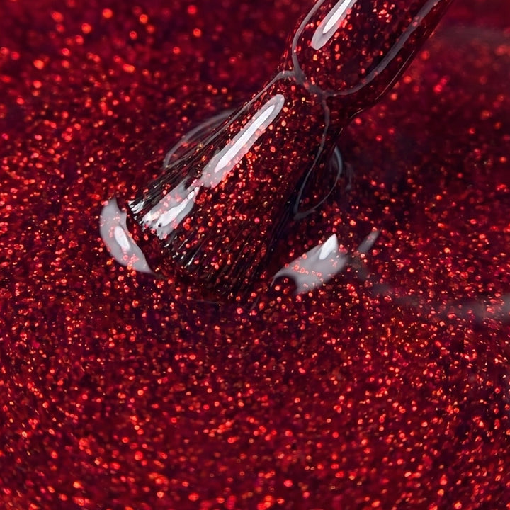 Textura del esmalte semipermanente Moulin Rouge, rojo centelleante con purpurina